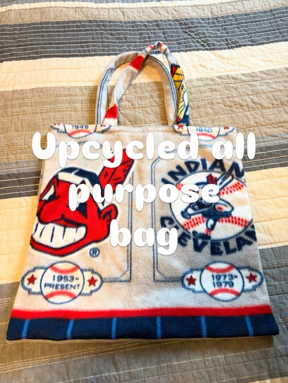 Upcycled Cleveland Baseball Fleece Tote Bag - Navy & Red
